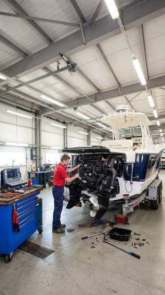 Marine technician servicing outboard engine with diagnostic laptop in shop