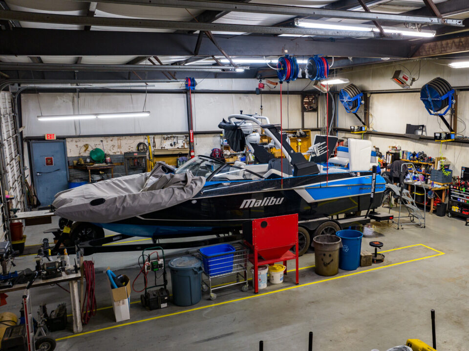 Boat in marine service bay